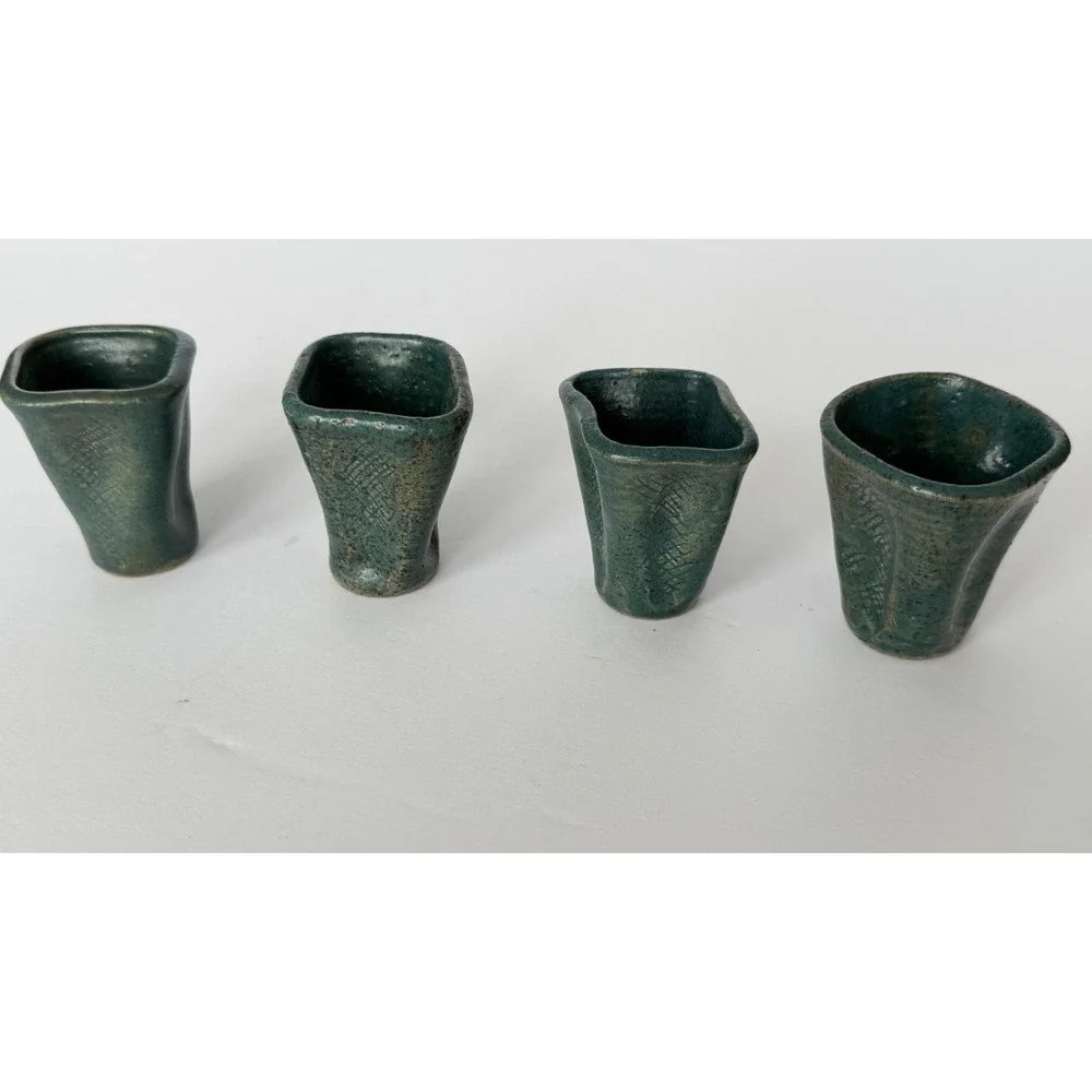 Vintage Blue Pottery Shot Glasses Set of 4 Handmade Ceramic Japan Teal Cups